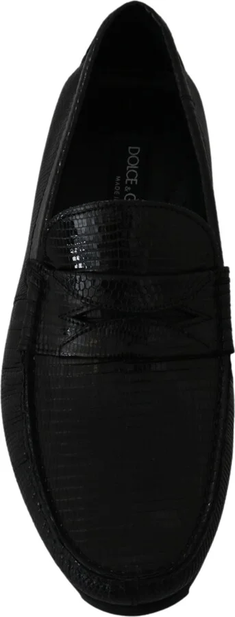 Black Lizard Leather Flat Loafers Men's Shoes - Image 2