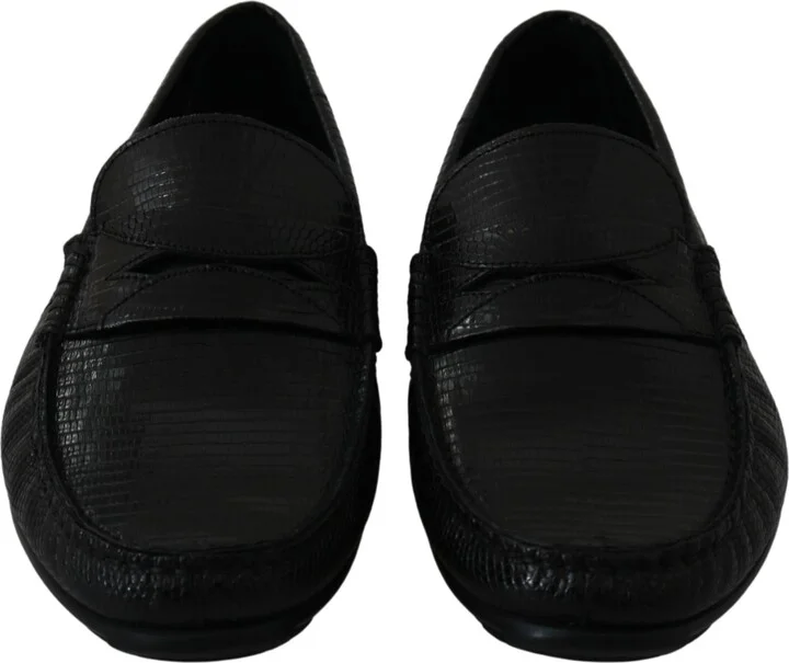 Black Lizard Leather Flat Loafers Men's Shoes - Image 3
