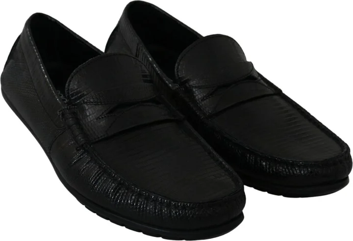 Black Lizard Leather Flat Loafers Men's Shoes - Image 4