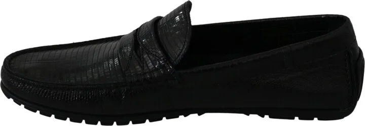 Black Lizard Leather Flat Loafers Men's Shoes - Image 6