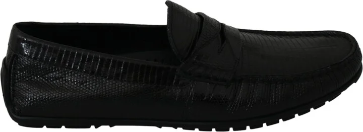 Black Lizard Leather Flat Loafers Men's Shoes