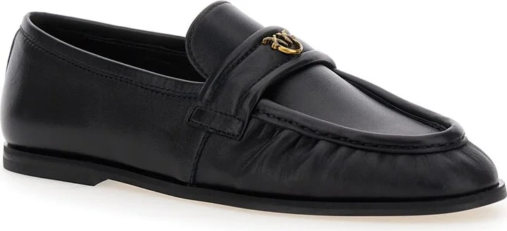 Black Loafers With Front Metal Logo Detail In Leather Woman - Image 2