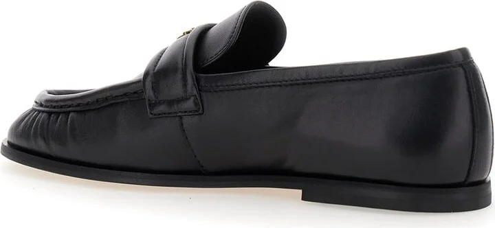Black Loafers With Front Metal Logo Detail In Leather Woman - Image 3