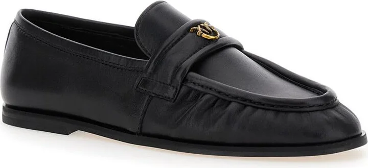 Black Loafers With Front Metal Logo Detail In Leather Woman - Image 2