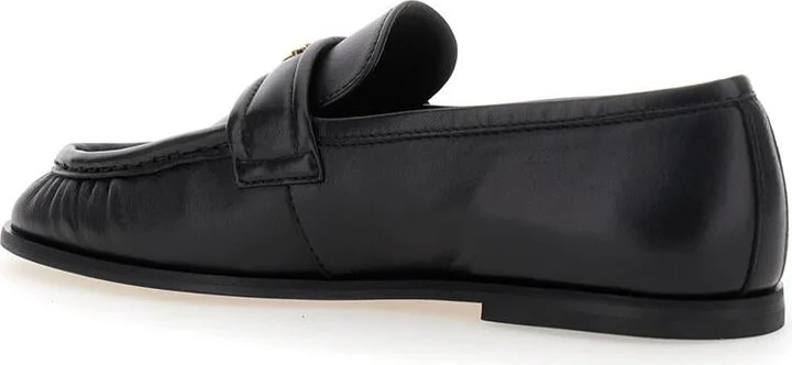 Black Loafers With Front Metal Logo Detail In Leather Woman - Image 3