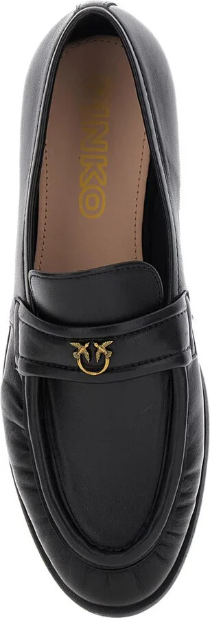 Black Loafers With Front Metal Logo Detail In Leather Woman - Image 4