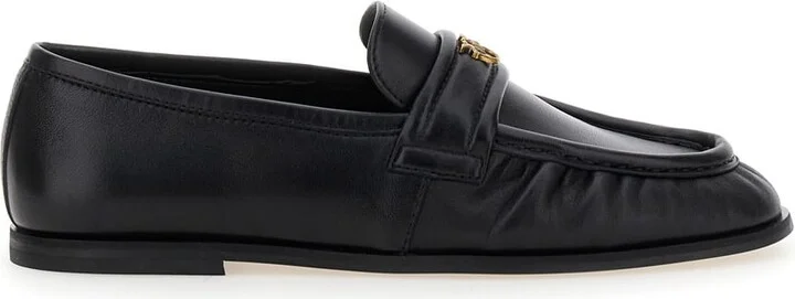 Black Loafers With Front Metal Logo Detail In Leather Woman