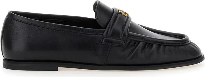 Black Loafers With Front Metal Logo Detail In Leather Woman