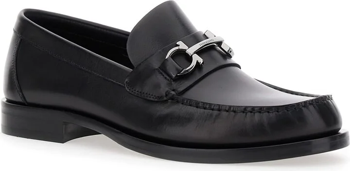Black Loafers With Gancini On The Front In Leather Man