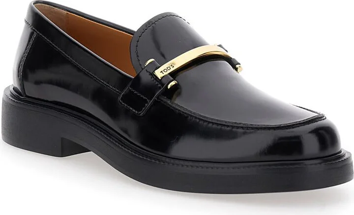 Black Loafers With Logo Plaque In Leather Woman - Image 2