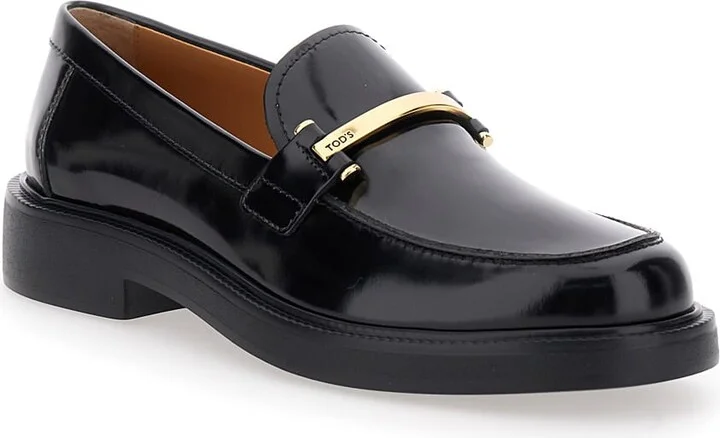 Black Loafers With Logo Plaque In Leather Woman - Image 2