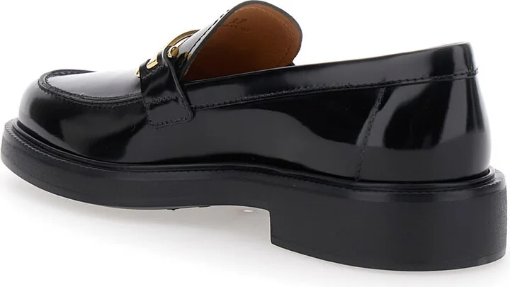 Black Loafers With Logo Plaque In Leather Woman - Image 3