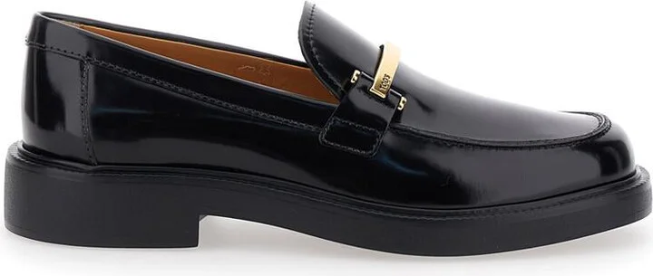 Black Loafers With Logo Plaque In Leather Woman