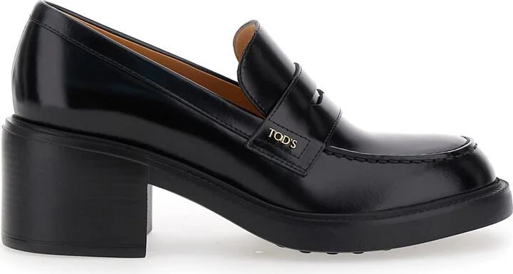 Black Loafers With Penny Slot And Logo Lettering On The Side In Leather Woman