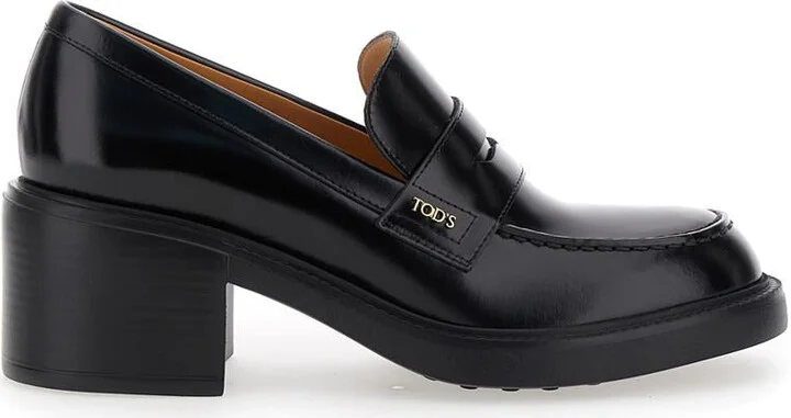 Black Loafers With Penny Slot And Logo Lettering On The Side In Leather Woman
