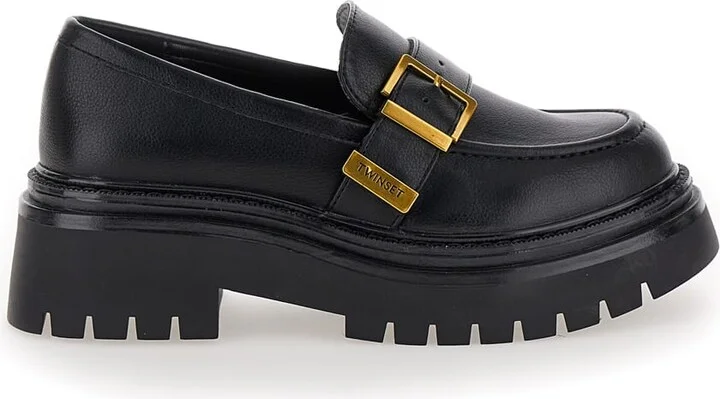Black Loafers With Platform And Logo In Leather Woman