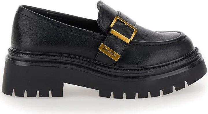 Black Loafers With Platform And Logo In Leather Woman