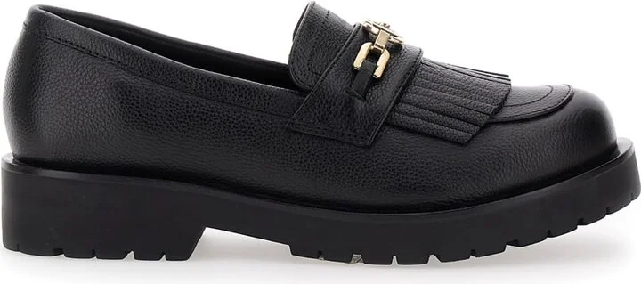 Black Loafers With Platform And Metallic Logo In Leather Woman