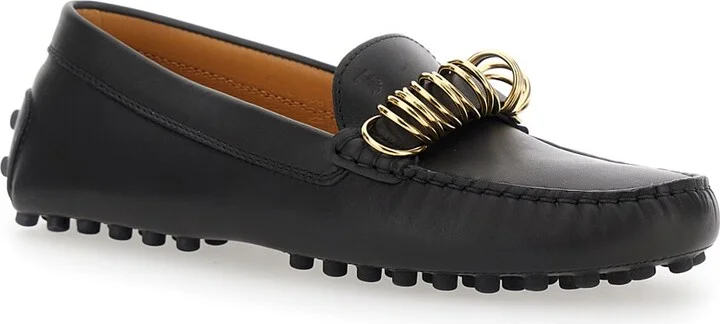 Black Loafers With Ring Detail On The Front And Rubber Sole In Leather Woman - Image 2
