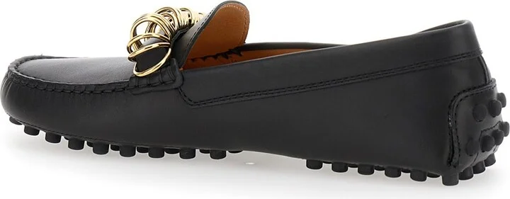 Black Loafers With Ring Detail On The Front And Rubber Sole In Leather Woman - Image 3