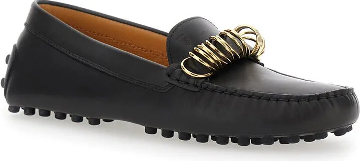 Black Loafers With Ring Detail On The Front And Rubber Sole In Leather Woman - Image 2