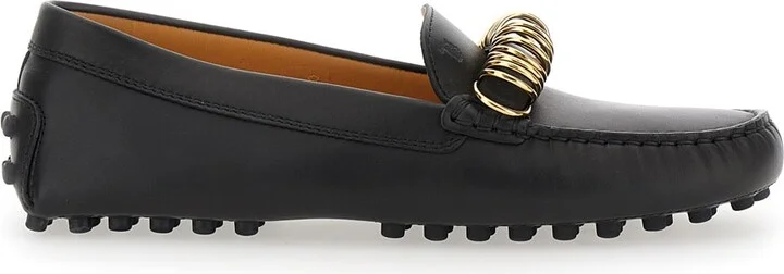 Black Loafers With Ring Detail On The Front And Rubber Sole In Leather Woman