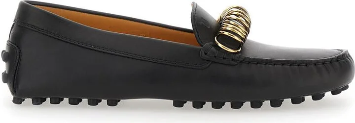 Black Loafers With Ring Detail On The Front And Rubber Sole In Leather Woman