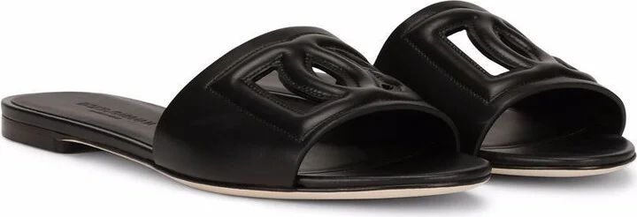 Black Logo Embossed Leather Slides - Image 2