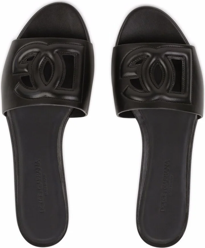 Black Logo Embossed Leather Slides - Image 4