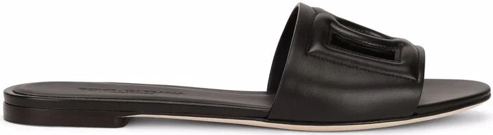 Black Logo Embossed Leather Slides