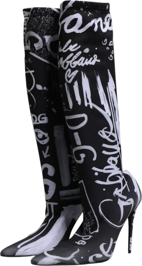 Black Logo Stretch Heels High Boots Women's Shoes - Image 4