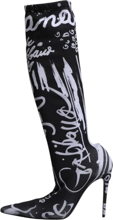 Black Logo Stretch Heels High Boots Women's Shoes - Image 6