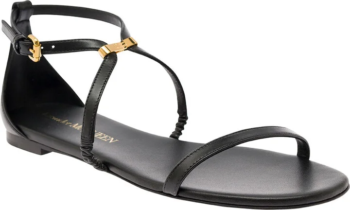Black Low Sandals With Engraved Logo In Leather Woman - Image 2