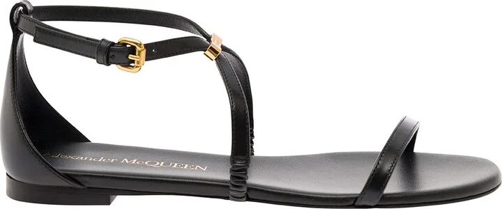Black Low Sandals With Engraved Logo In Leather Woman