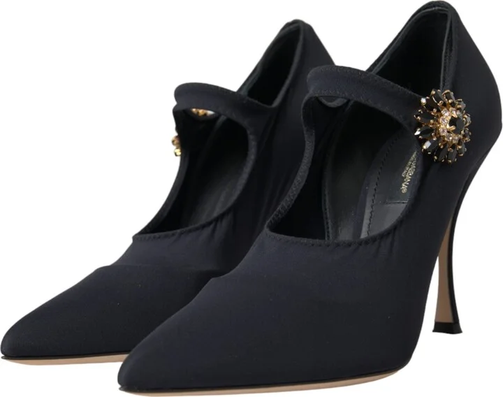 Black Mary Jane Jersey Crystal Pumps Women's Shoes - Image 3