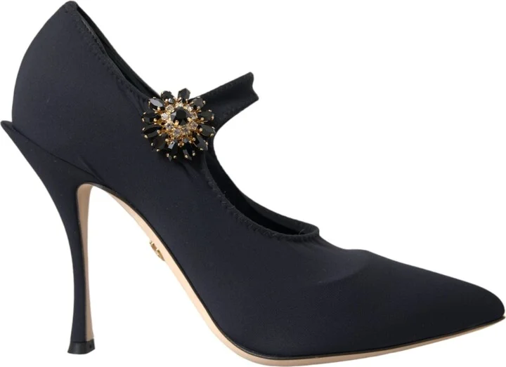 Black Mary Jane Jersey Crystal Pumps Women's Shoes