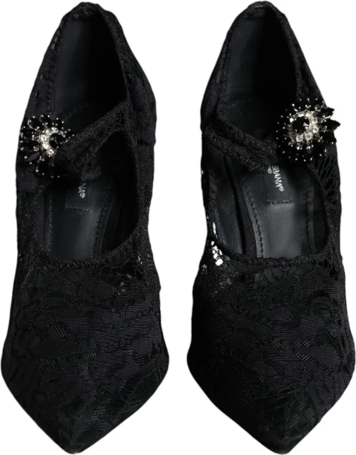 Black Mary Jane Pumps Lace Crystals Heels Women's Shoes (Pre-Owned) - Image 2