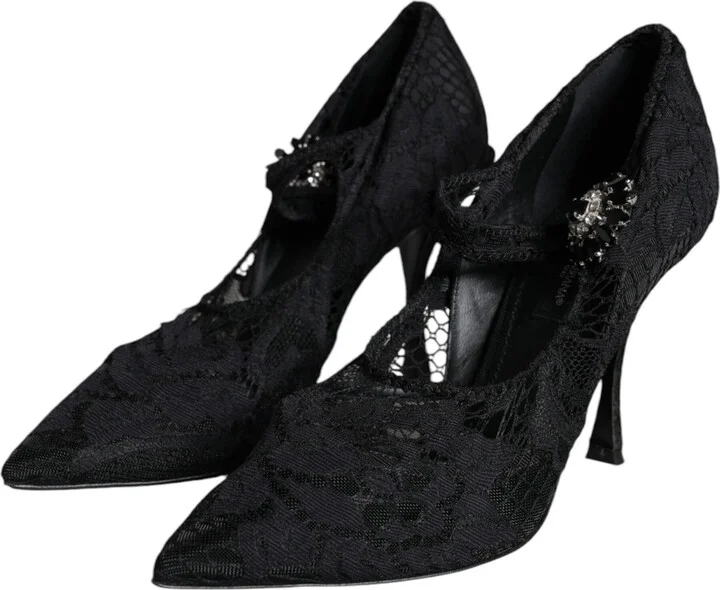 Black Mary Jane Pumps Lace Crystals Heels Women's Shoes (Pre-Owned) - Image 3