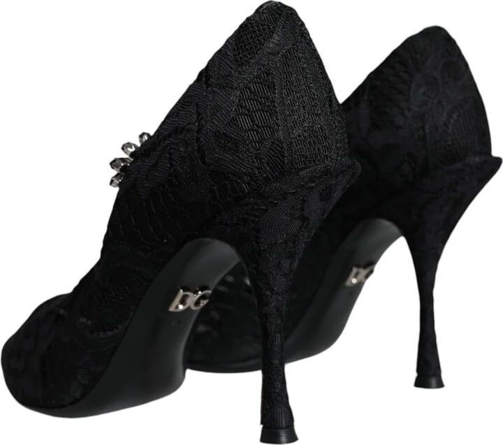 Black Mary Jane Pumps Lace Crystals Heels Women's Shoes (Pre-Owned) - Image 4