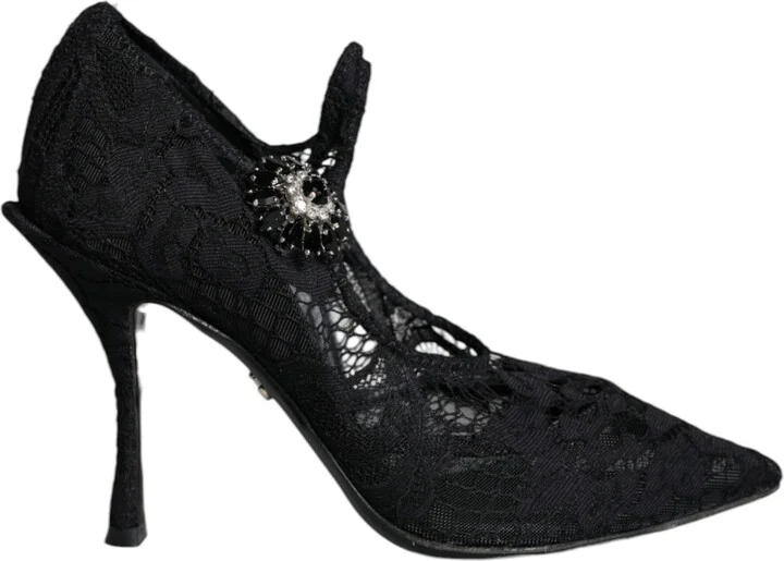 Black Mary Jane Pumps Lace Crystals Heels Women's Shoes (Pre-Owned)