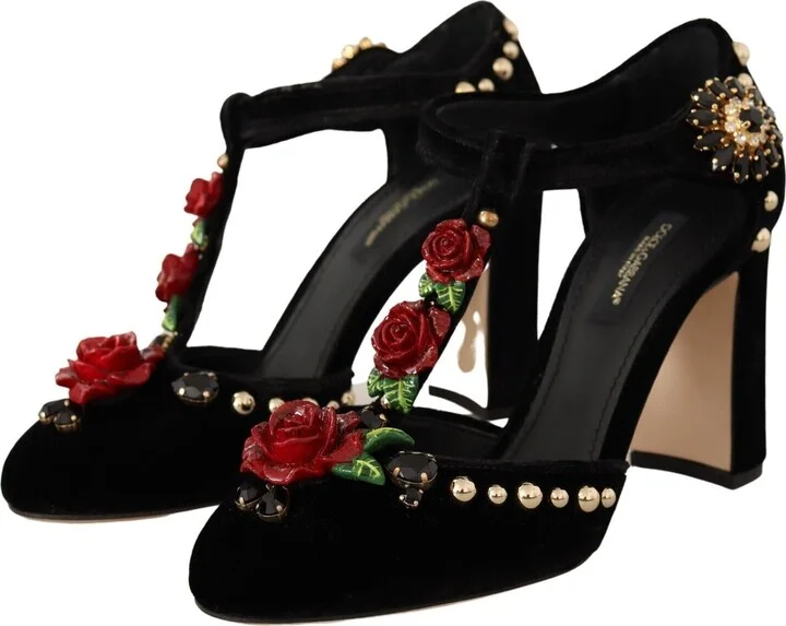 Black Mary Jane Pumps Roses Crystals Women's Shoes - Image 3