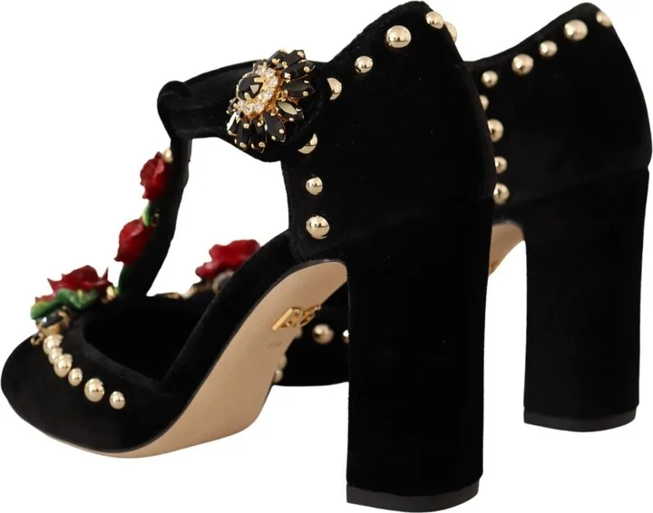 Black Mary Jane Pumps Roses Crystals Women's Shoes - Image 4