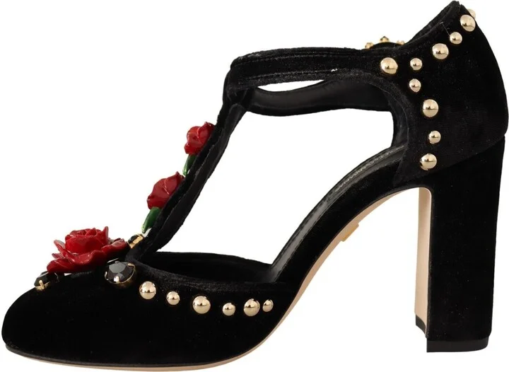 Black Mary Jane Pumps Roses Crystals Women's Shoes - Image 5