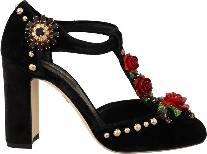 Black Mary Jane Pumps Roses Crystals Women's Shoes