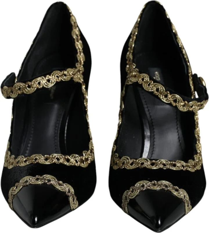 Black Mary Janes Velvet Gold Pumps Women's Shoes - Image 2