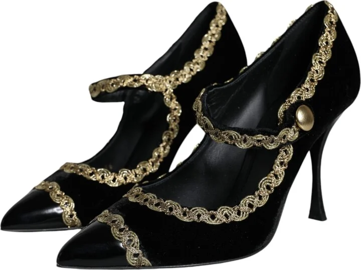 Black Mary Janes Velvet Gold Pumps Women's Shoes - Image 3