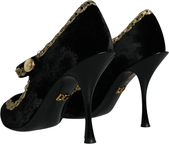 Black Mary Janes Velvet Gold Pumps Women's Shoes - Image 4
