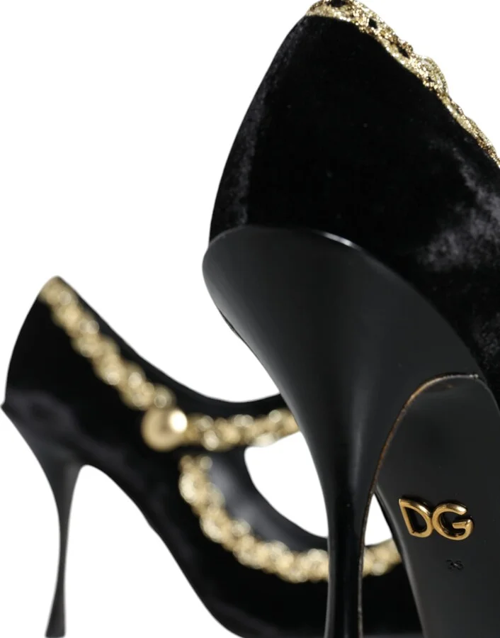 Black Mary Janes Velvet Gold Pumps Women's Shoes - Image 5