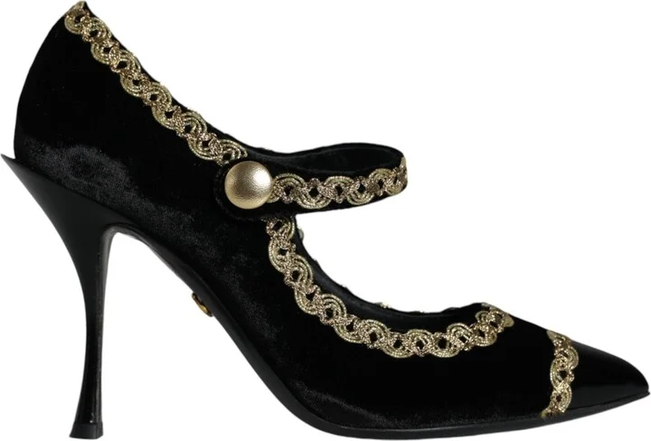 Black Mary Janes Velvet Gold Pumps Women's Shoes