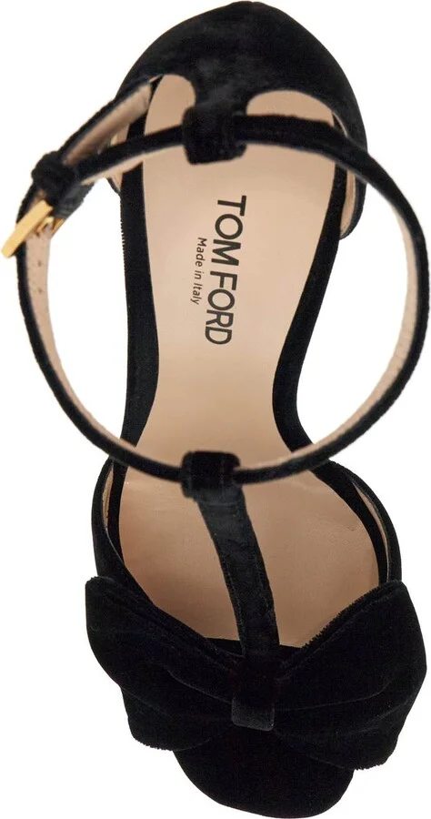 Black Medium Heeled Viscose Sandals With Golden Buckle - Image 2